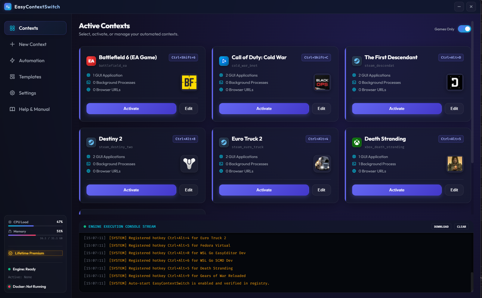 Dedicated games profile switcher showing layout transitions from work to gaming