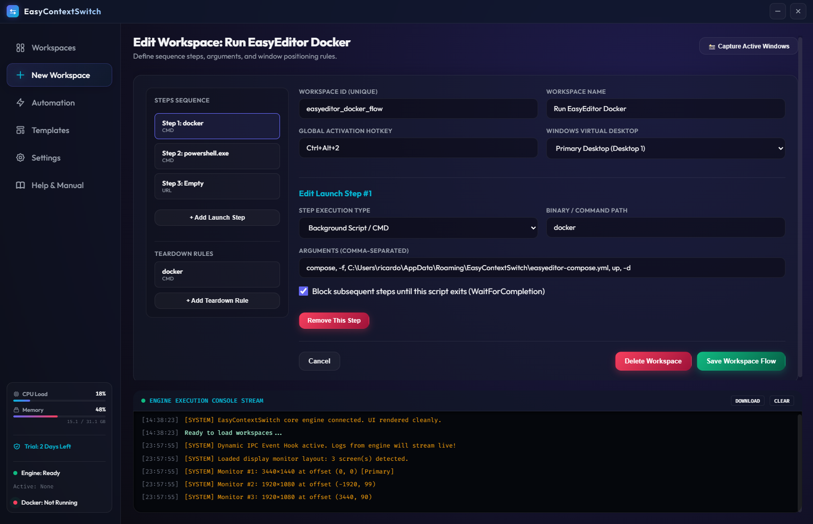 Workspace profile with integrated Docker Container actions and execution sequence