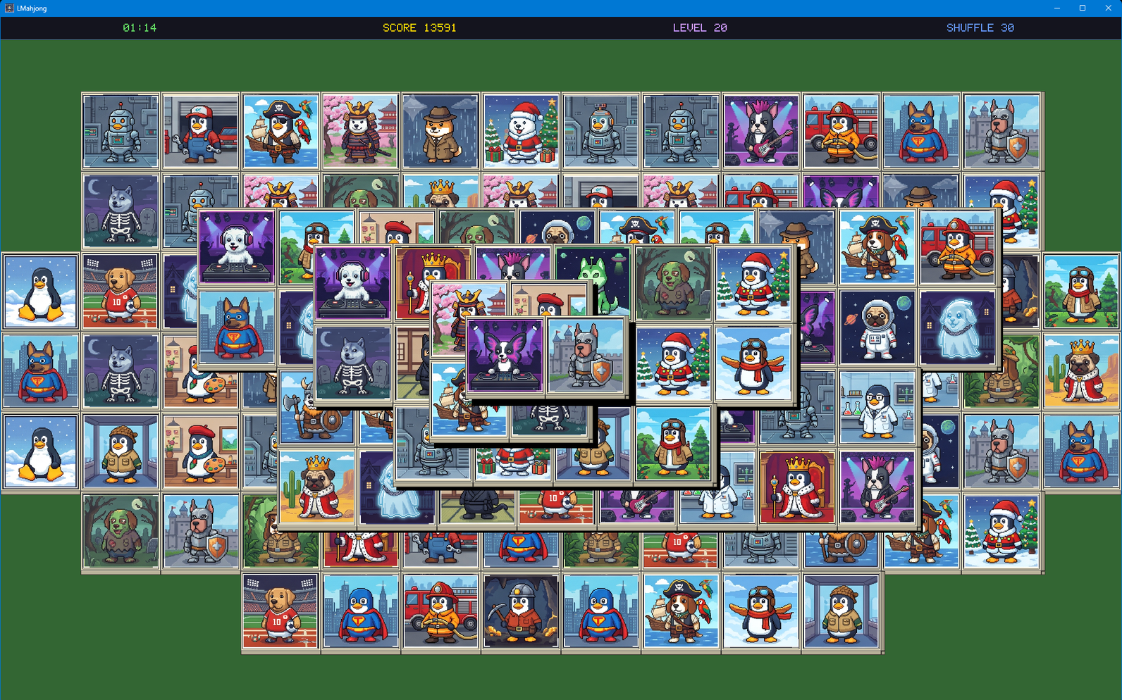 LMahjong Tux penguin board layout showing classic 144 tiles turtle configuration