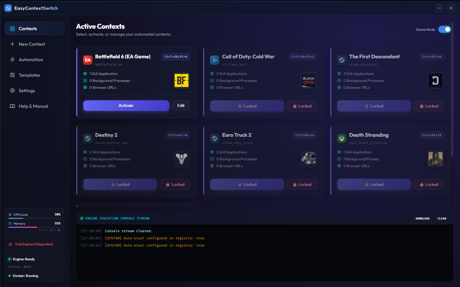 Post 14-day trial showing a single context space remains free until premium is unlocked with all workspaces