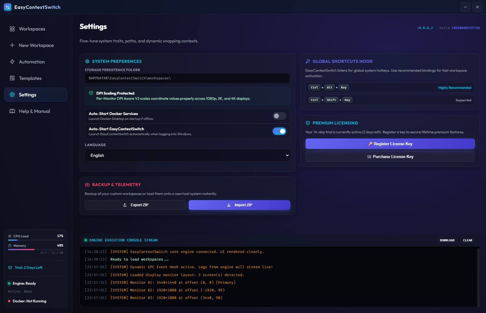 System settings, configuration file paths and hotkey registrations