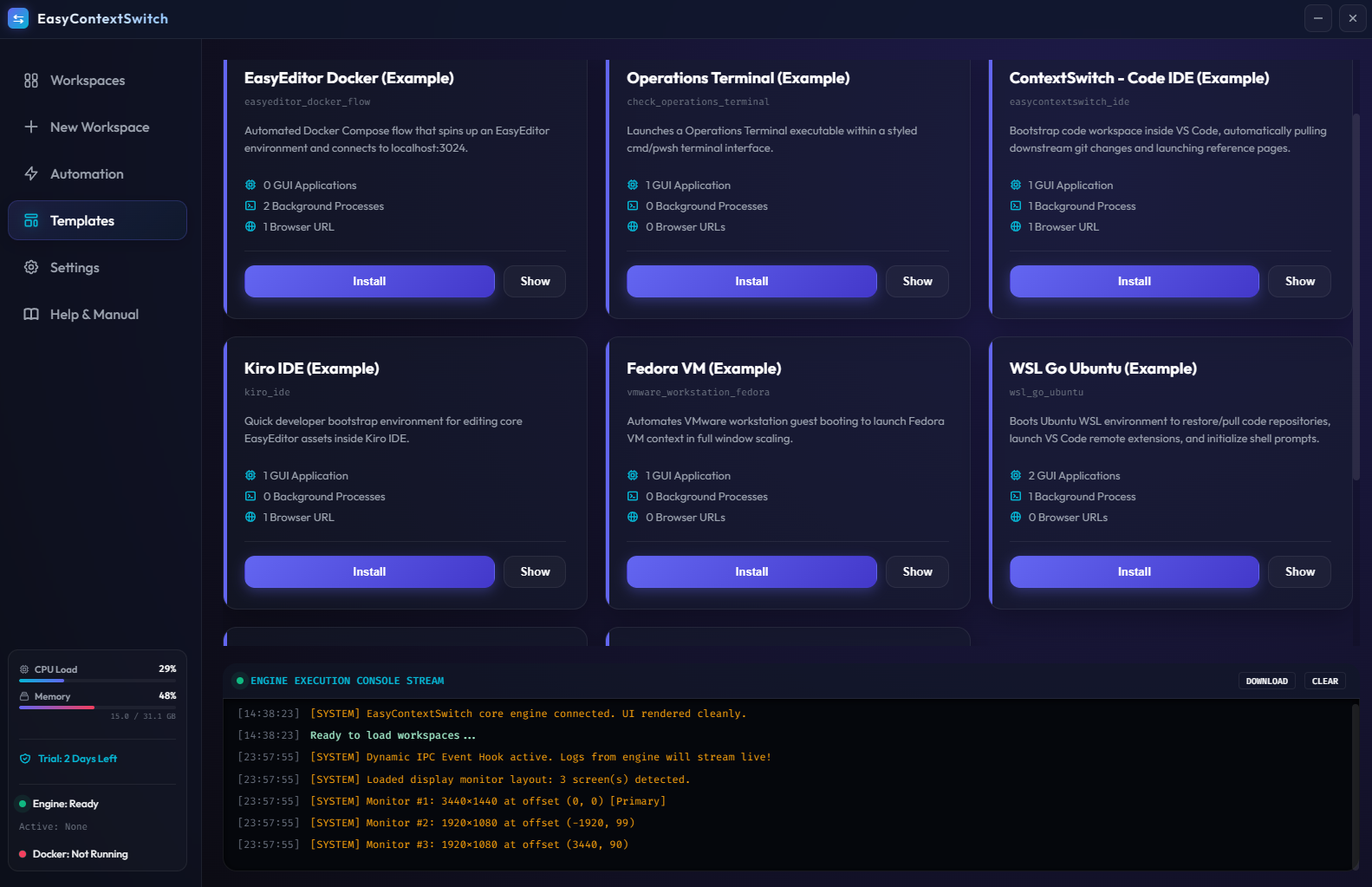Workspace Templates selection view with various pre-configured environment templates