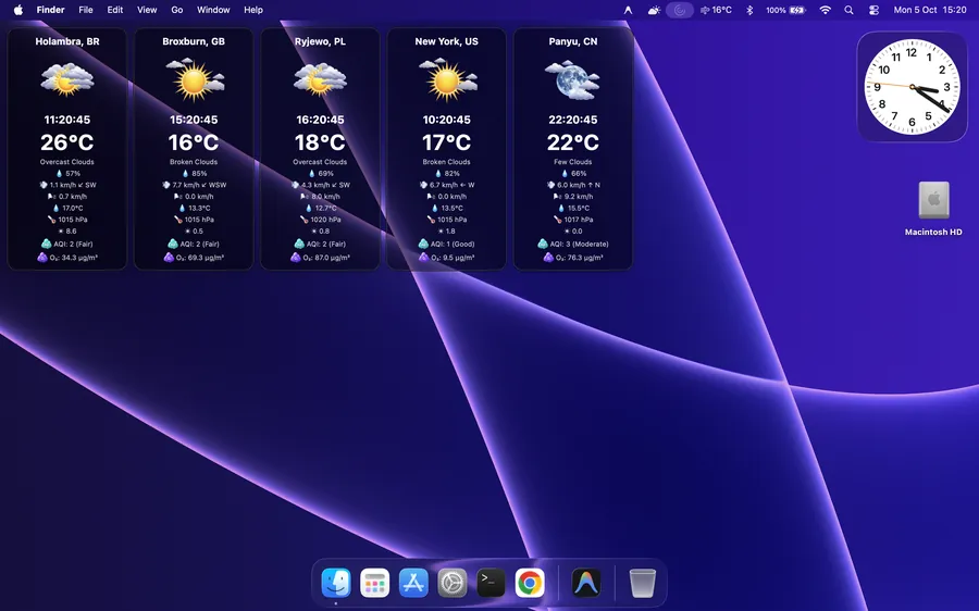 WeatherWidget running on Apple macOS in slim vertical selective dock mode