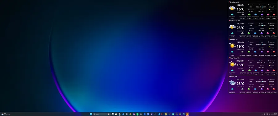 WeatherWidget running on Windows 11 showing horizontal detailed telemetry