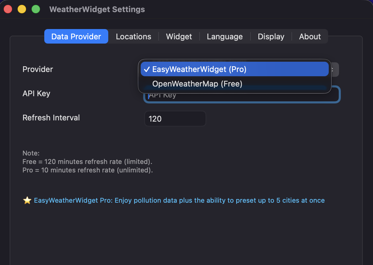 WeatherWidget Data Provider settings tab showing provider selection dropdown and API Key field