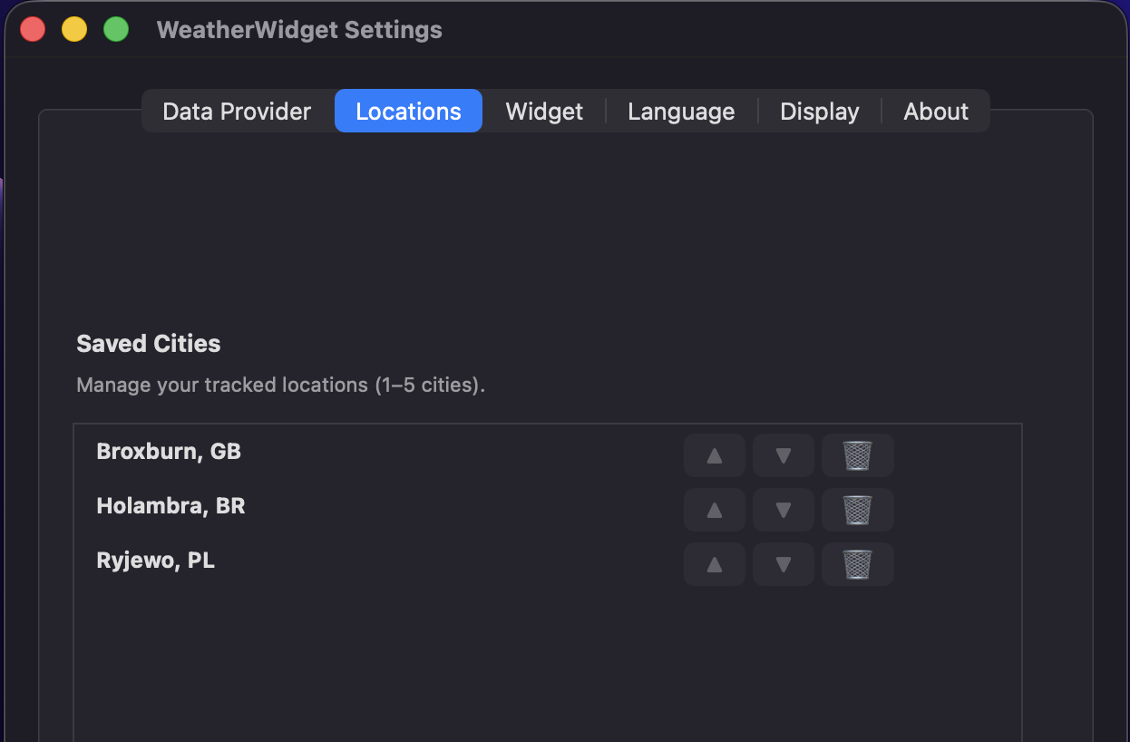 WeatherWidget Locations tab showing three pre-configured demo cities in read-only state before an API key has been entered