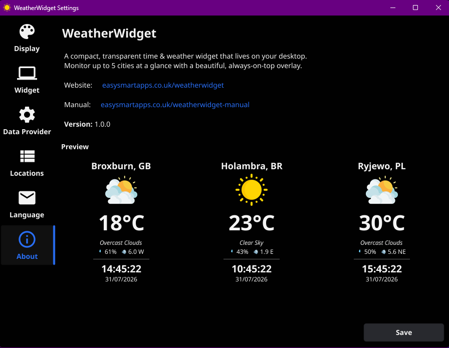 WeatherWidget about settings panel showing application information