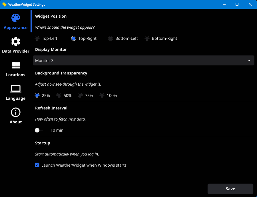WeatherWidget Appearance settings showing position, monitor, transparency, temperature and startup options