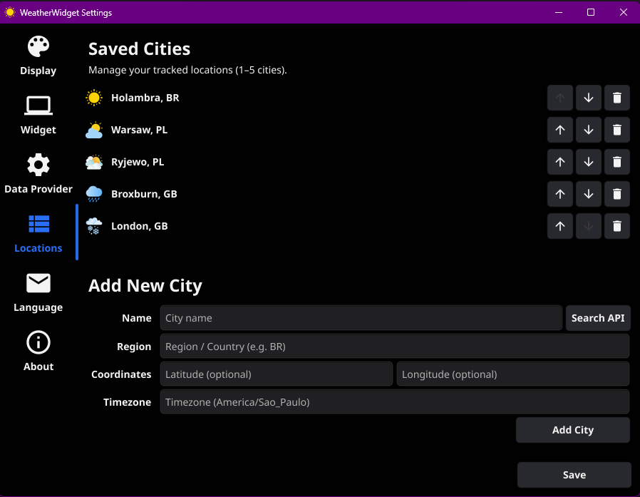 WeatherWidget settings panel for managing city locations