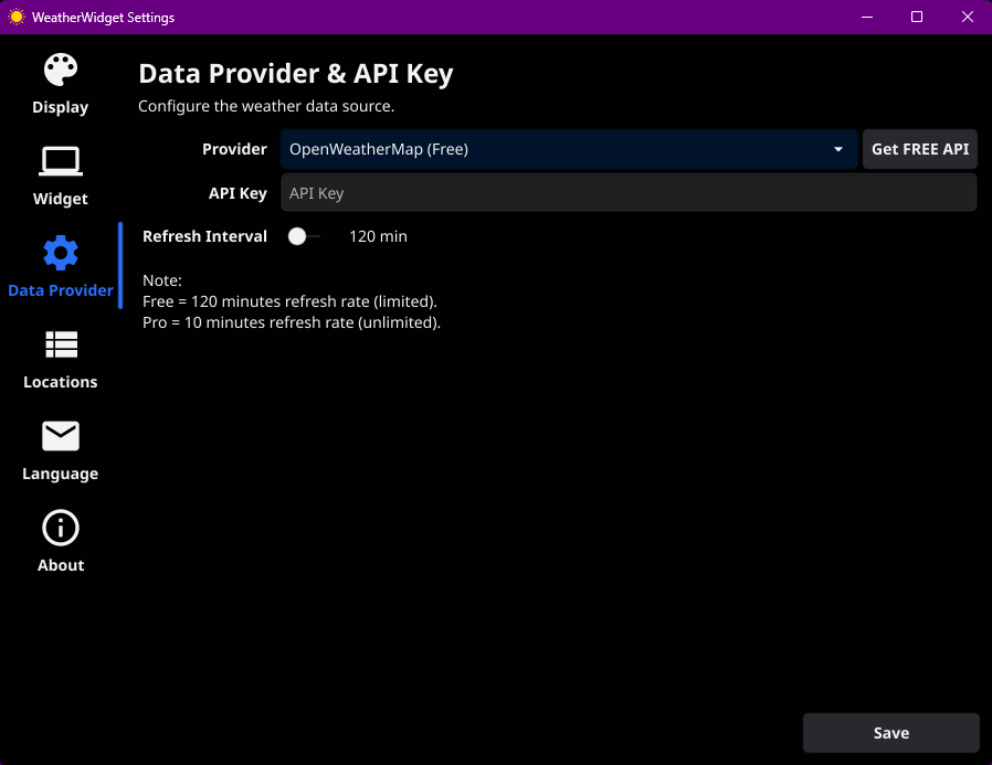 WeatherWidget settings panel showing data provider options
