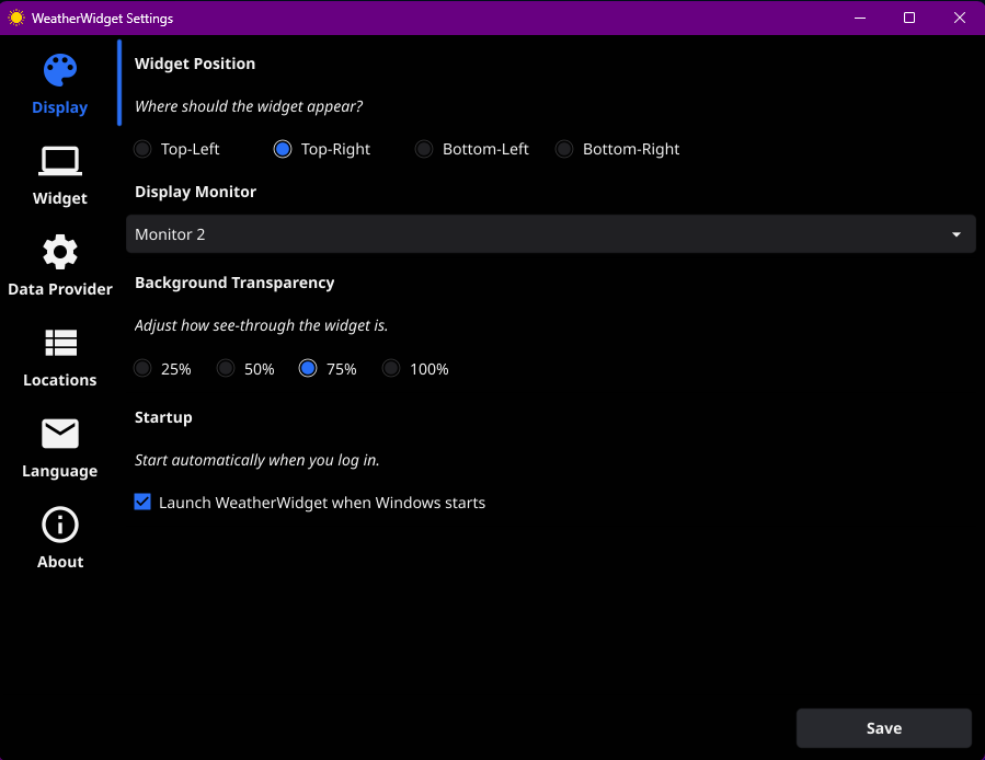 WeatherWidget settings panel for appearance and display options