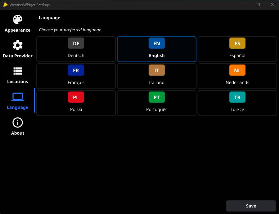 WeatherWidget Language settings showing a grid of 9 supported languages: Deutsch, English, Español, Français, Italiano, Nederlands, Polski, Português, Türkçe