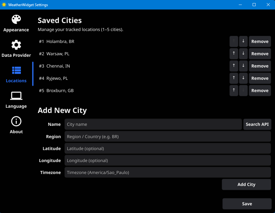WeatherWidget Locations settings showing saved cities list with reorder and remove buttons, and Add New City form