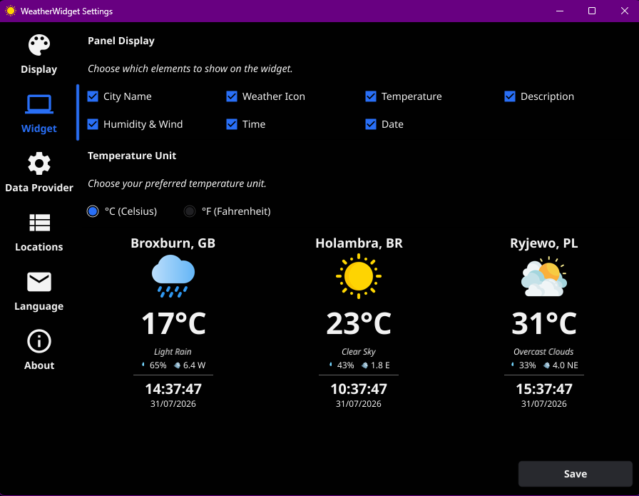 WeatherWidget dynamic widget preview settings in Celsius