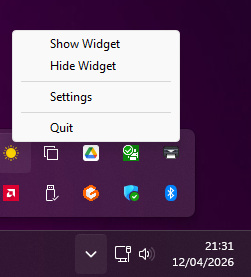 WeatherWidget system tray context menu showing Show Widget, Hide Widget, Settings, and Quit options