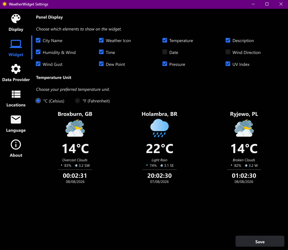 WeatherWidget settings panel showcasing customizable data display fields including city name, weather icon, temperature, description, humidity, wind speed, local time, date, wind direction, gust, dew point, pressure, and UV index