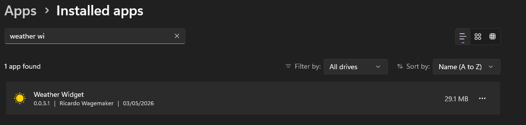 WeatherWidget registered correctly inside the Windows Apps and Features settings page