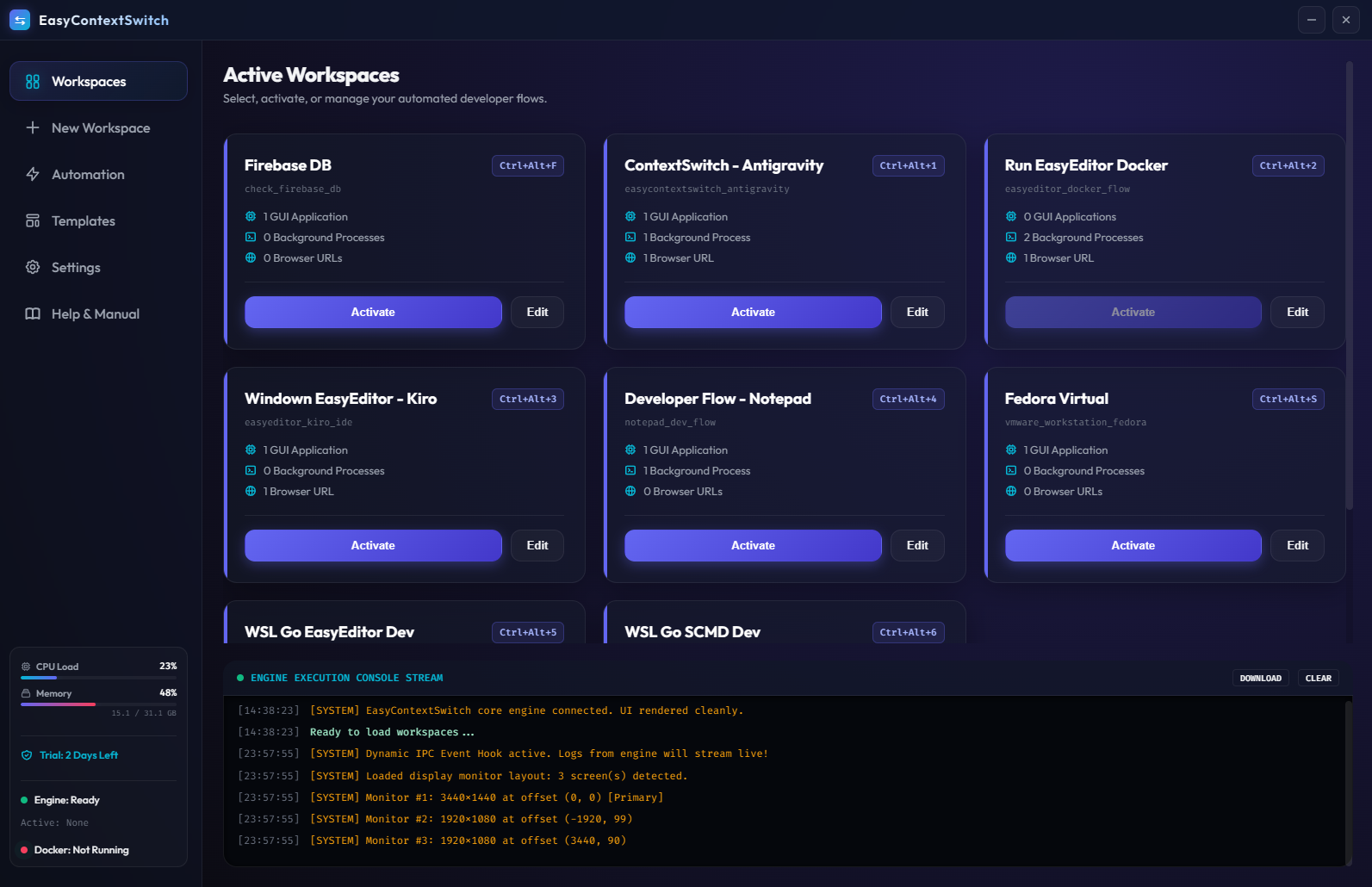 EasyContextSwitch Workspaces Overview dashboard displaying created environment cards and logs