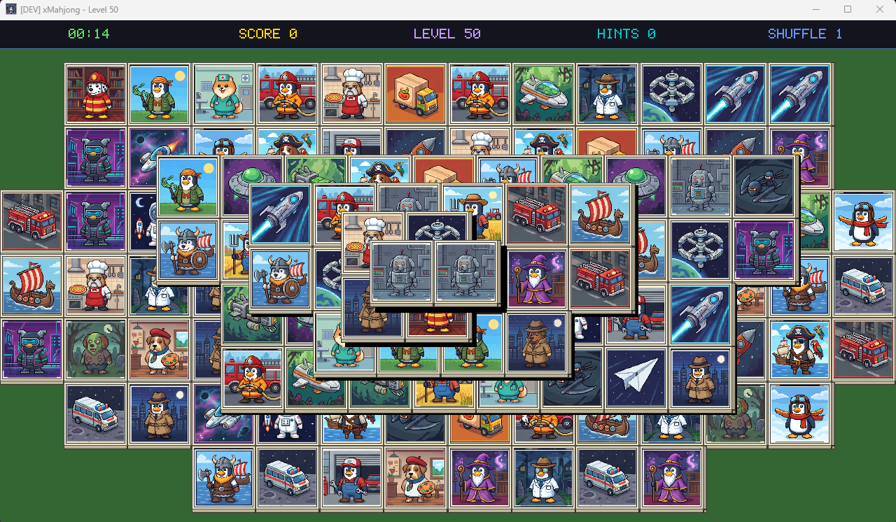 xMahjong Tux penguin board layout showing classic 144 tiles turtle configuration