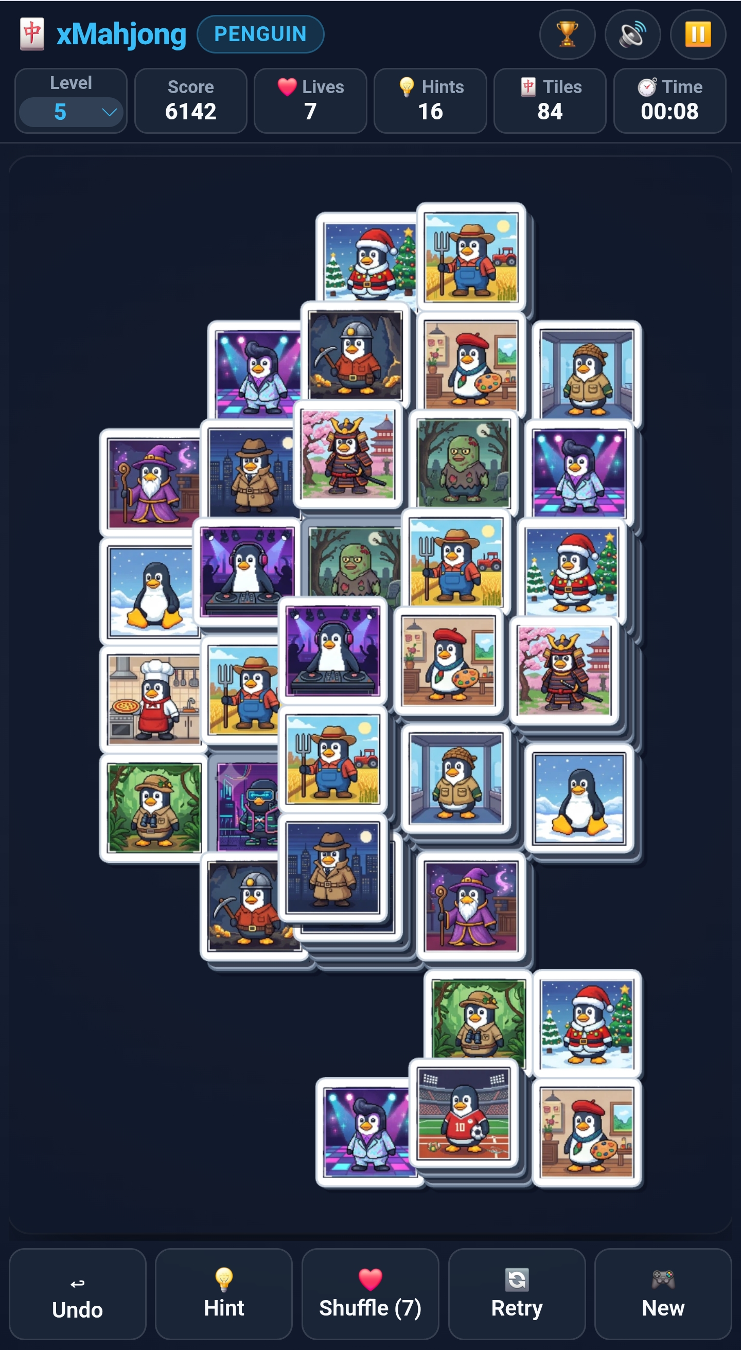 xMahjong mobile portrait view with Pagoda formation and bottom toolbar