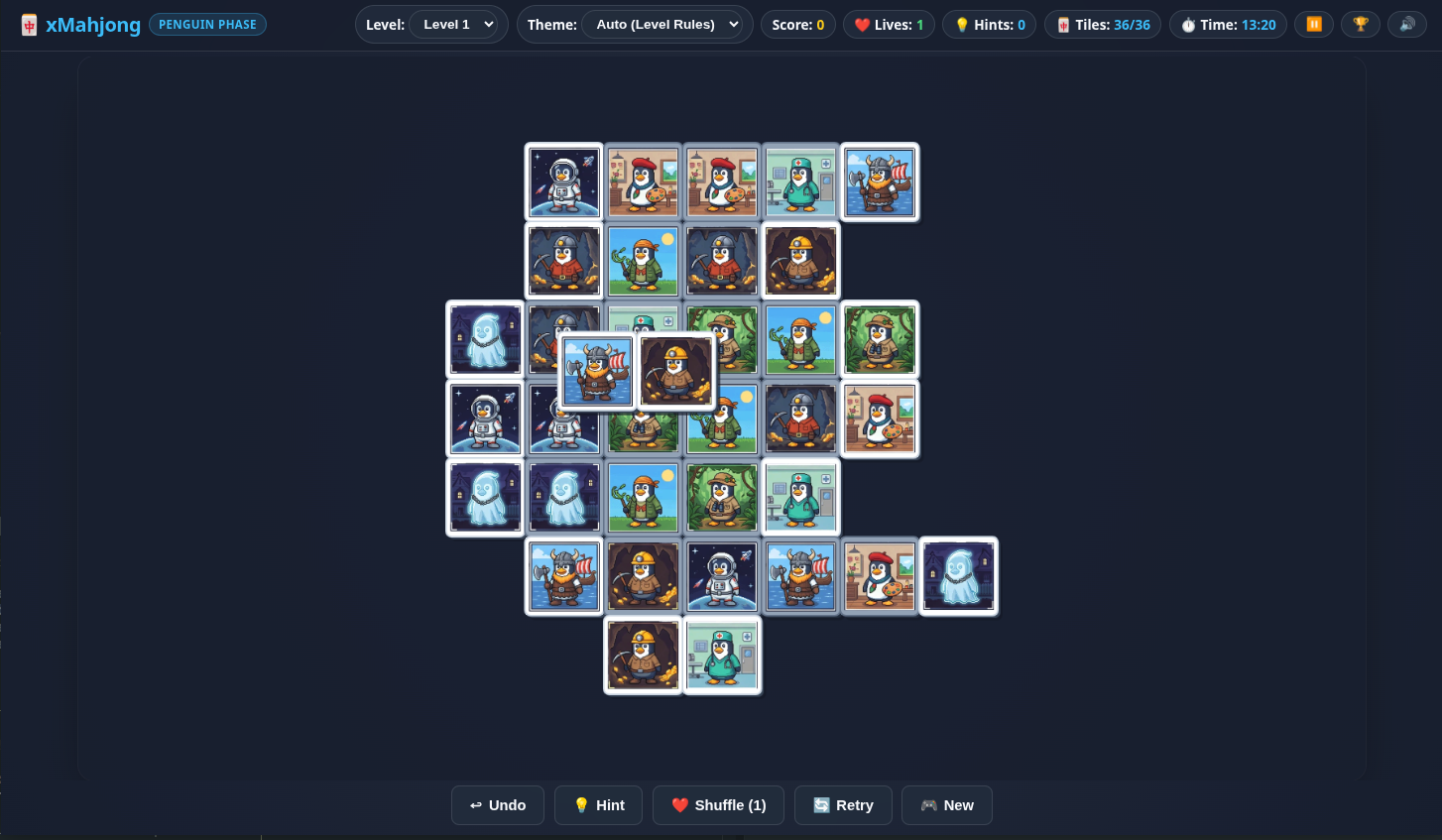 xMahjong desktop web view with classic 16:9 Turtle formation